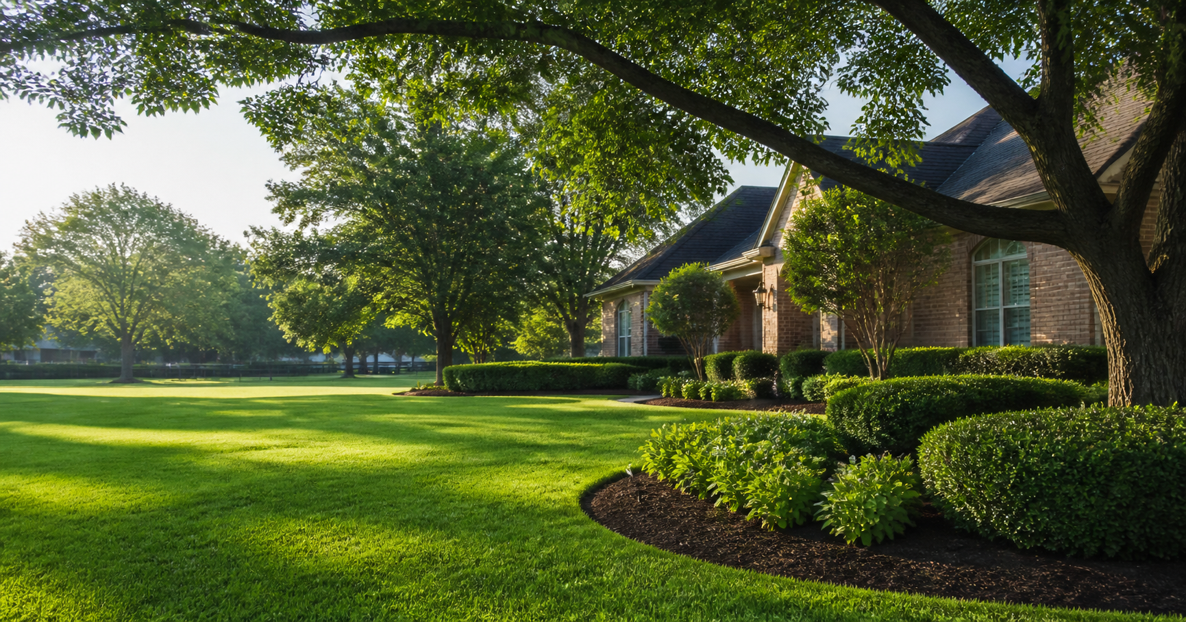 Neatly maintained suburban lawn with crisp edging and mulched beds in Spring, Texas