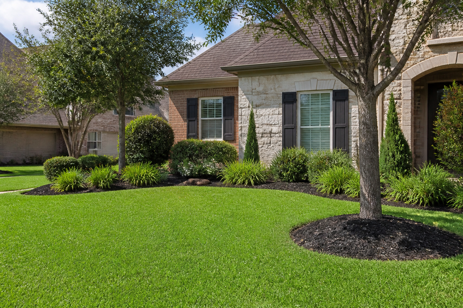 Well-maintained suburban landscaping representative of the greater Spring and North Houston area